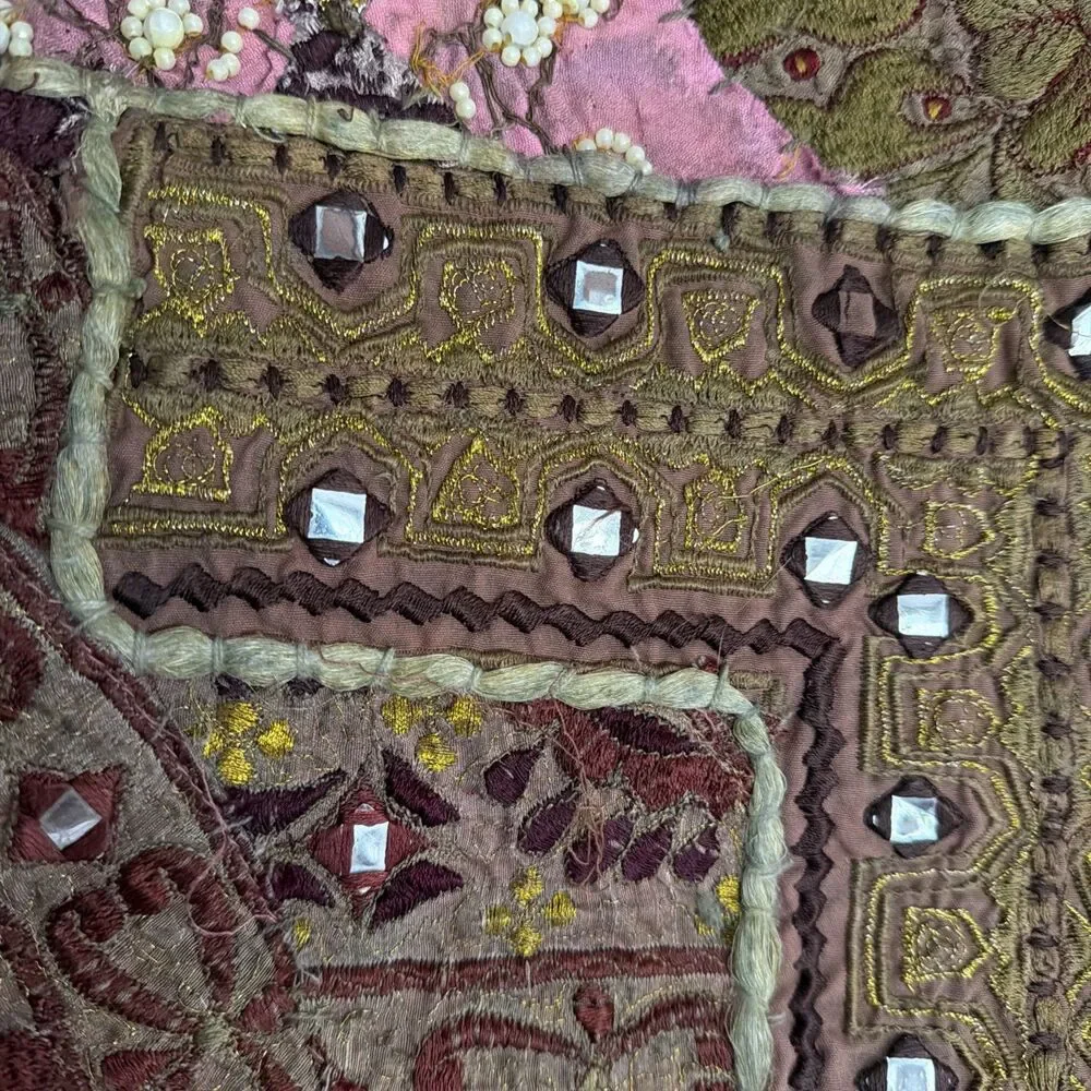 Vtg Indian Sari Patchwork Tapestry Wall Hanging Embroidered Zari Mirror 47x25